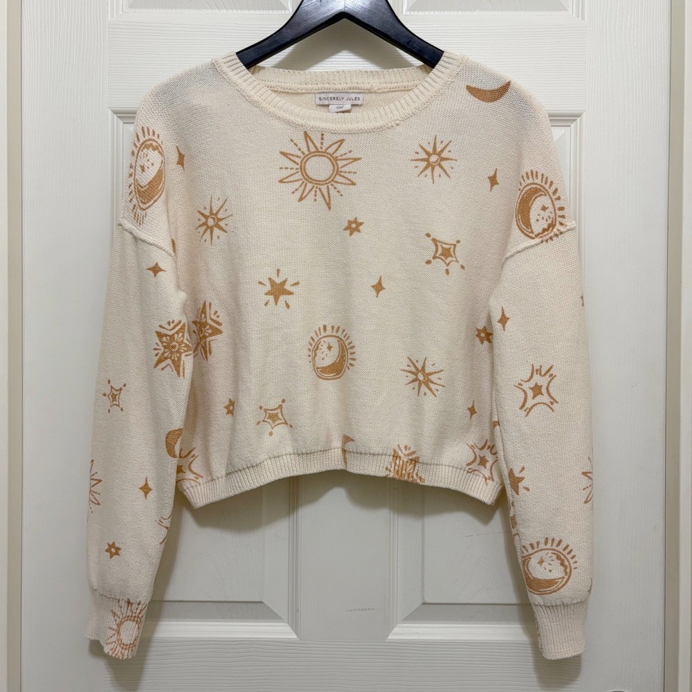 Sincerely Jules Sun Moon Star Knit Sweater Cropped M Celestial Whimsigoth Witchy - Picture 1 of 11